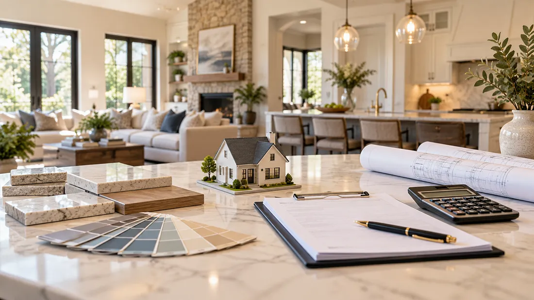 Kitchen counter with a model house, design samples and a calculator for a renovation