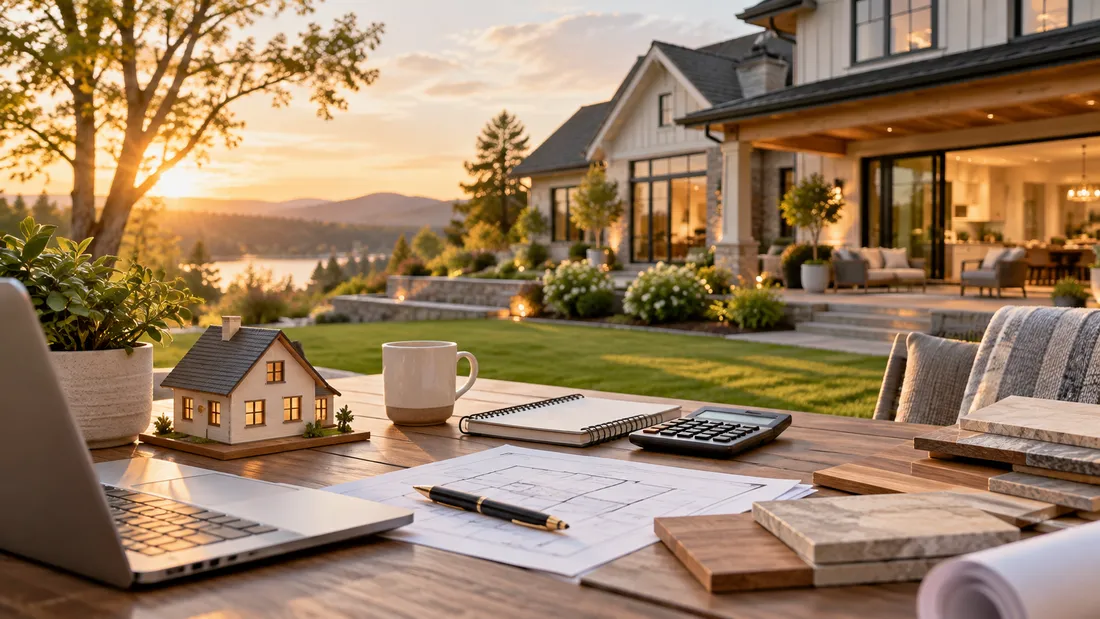 Desk with a model house, calculator and paperwork for planning a home purchase
