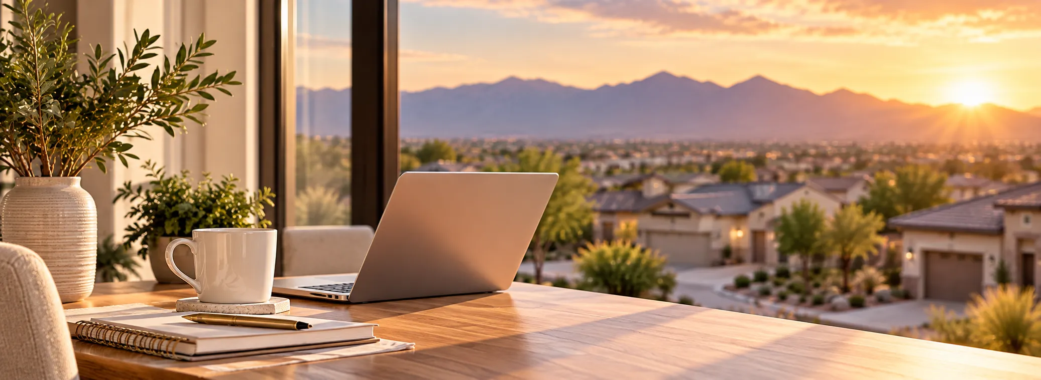 Home office desk with a laptop overlooking a desert neighborhood at sunset