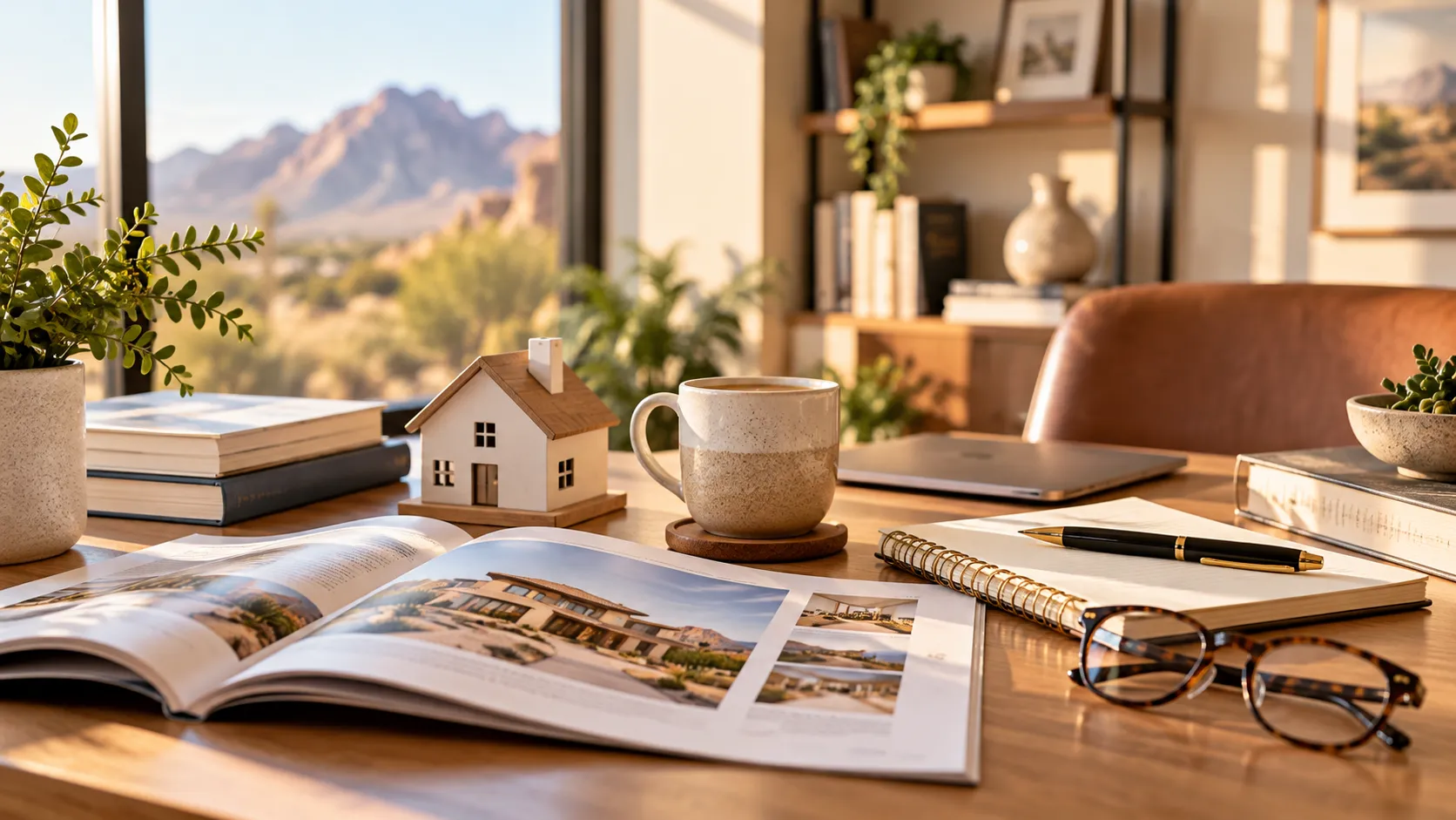 Home office desk with a model house, home listings and notes