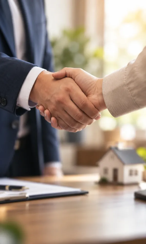 Two people shaking hands over closing paperwork